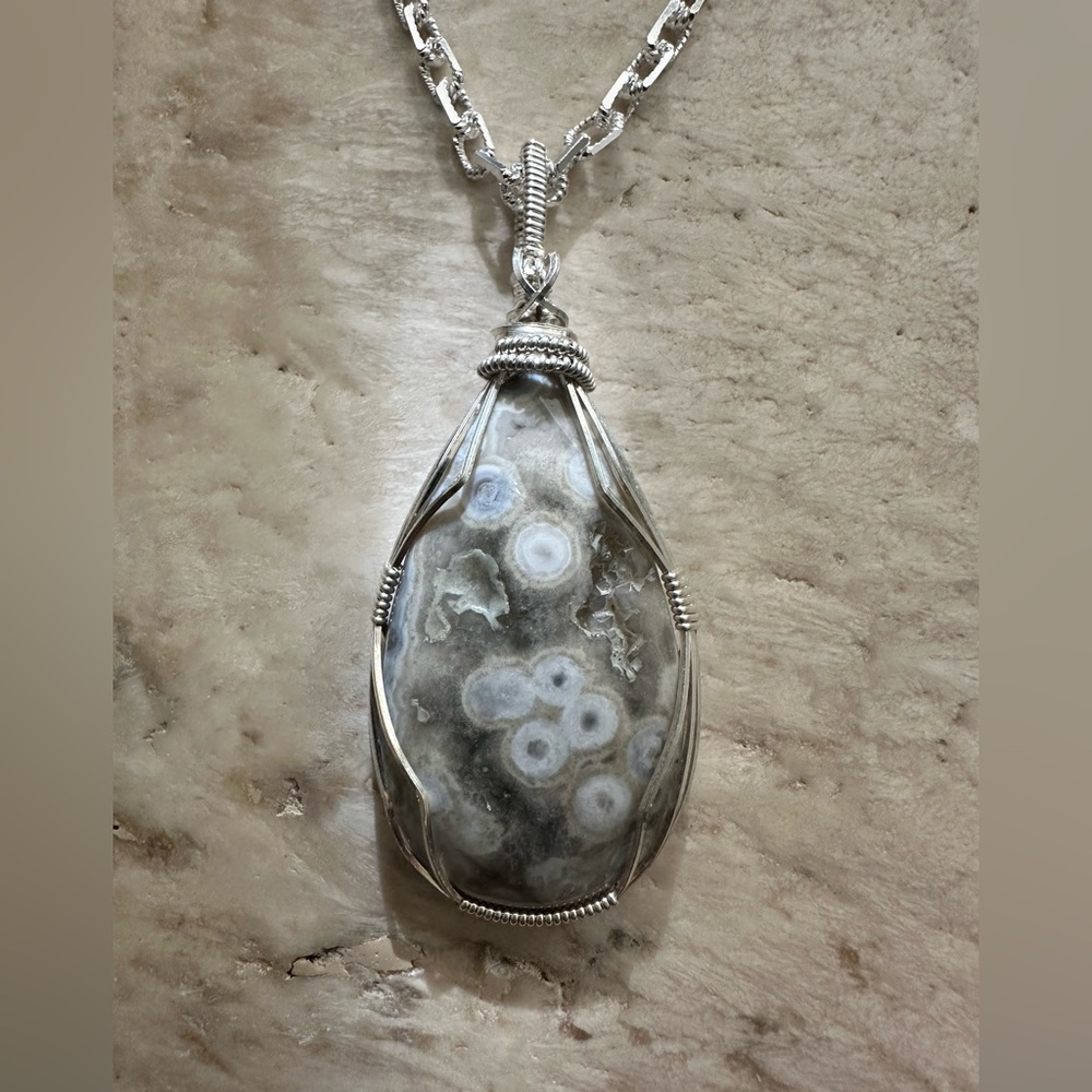Sterling Silver Ocean Jasper Healing Stone Necklace Pendant